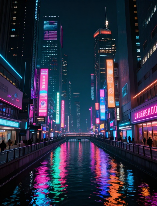 霓虹闪烁的赛博朋克未来城市夜景