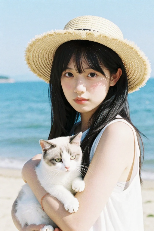 日系胶片海边少女：草帽抱猫的小清新镜头
