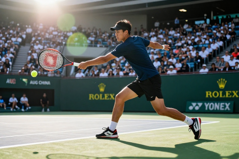 亚洲男选手强逆光挥拍瞬间,网球场商业摄影大片