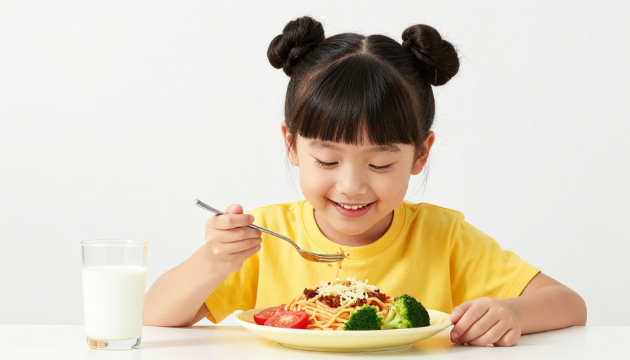 亚洲女孩微笑享用美味意面