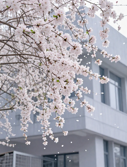 海棠与现代建筑的圣洁邂逅：初雪滤镜下的油画质感