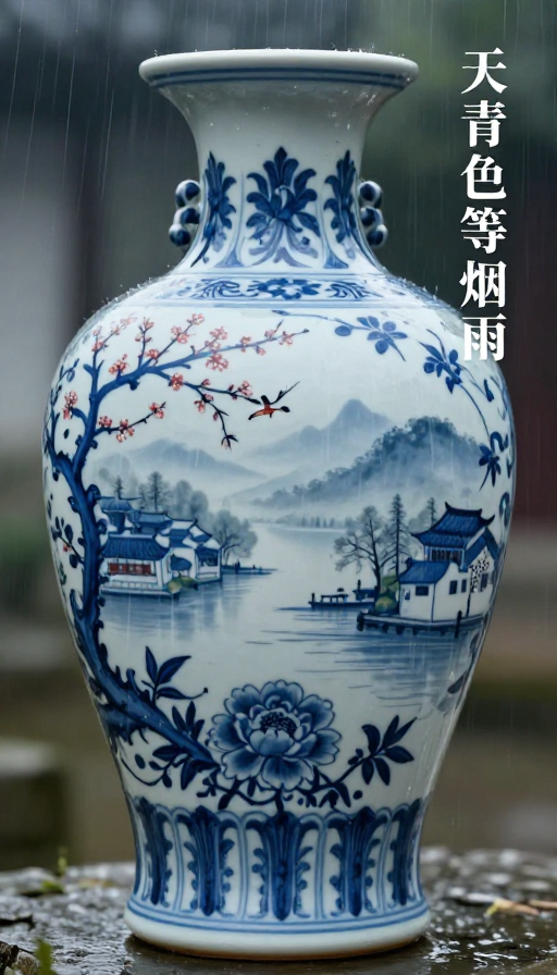 青花瓷瓶透视江南烟雨:元代牡丹纹微距电影感