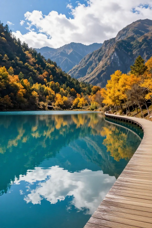 碧蓝湖畔秋色斑斓，层叠山峦静美如画