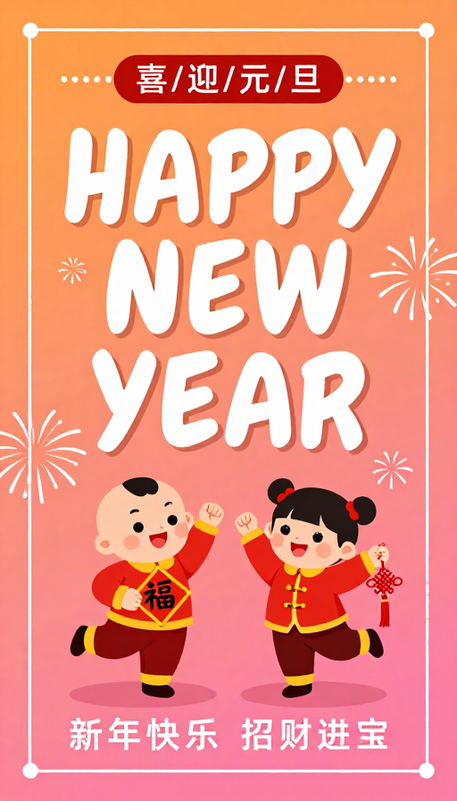 新春快乐：现代插画融合传统节庆的温馨新年贺卡