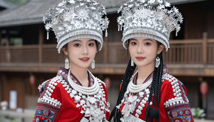 苗族双姝:传统服饰人像写真