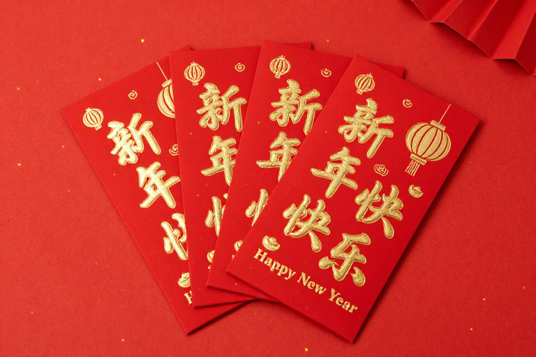三叠红包迎新年 金红喜庆氛围摄影