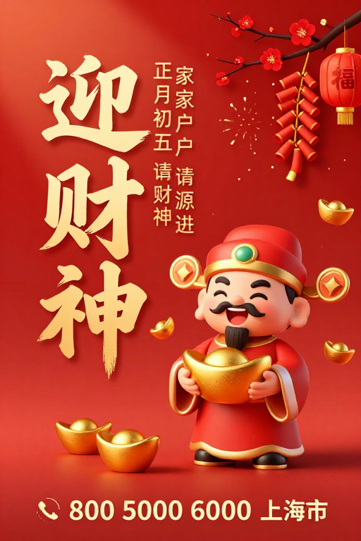 迎财神·新春财运满满,传统喜庆插画风
