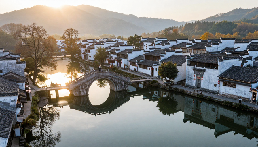 徽派古村落秋日晨曦：水乡倒影与白墙黛瓦的对称之美