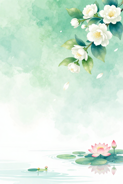青绿晕染茉莉莲影水墨意境插画