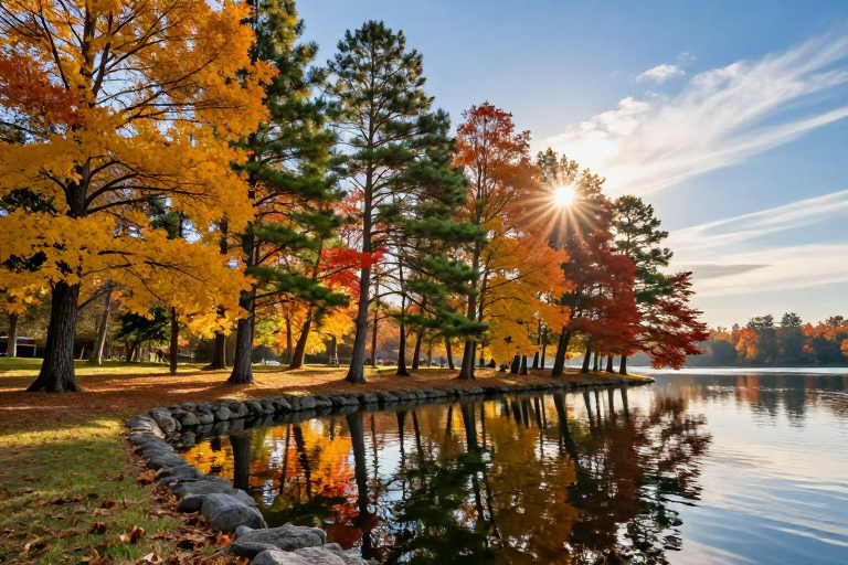 秋日湖畔逆光摄影：枫叶与松影的静谧之美