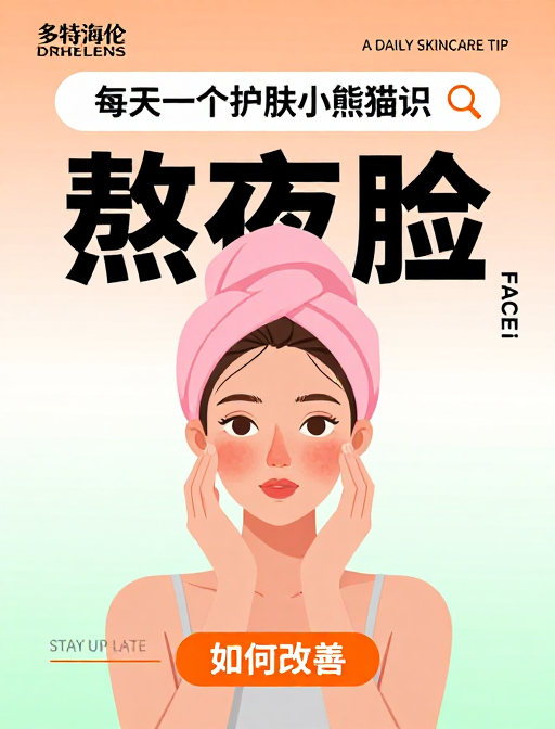 熬夜脸肌肤修复指南：扁平插画科普海报
