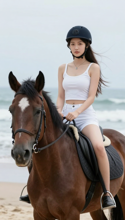 海边骑马美女：自由与自然的美丽融合