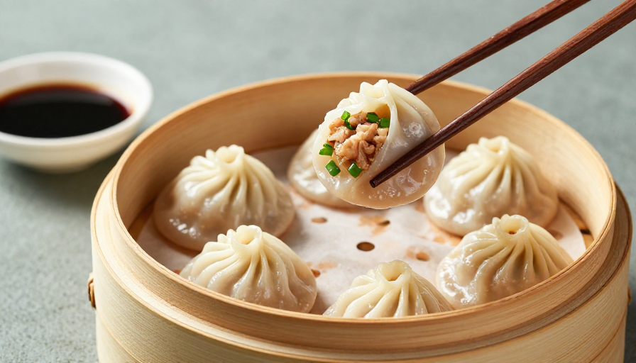 精致小笼包特写:清冷光影下的美味诱惑