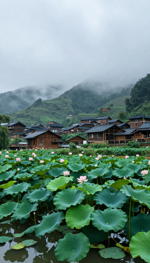 雨雾中国山村木屋与荷塘静谧