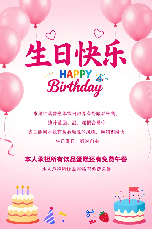 粉色梦幻生日派对海报：温馨欢乐氛围
