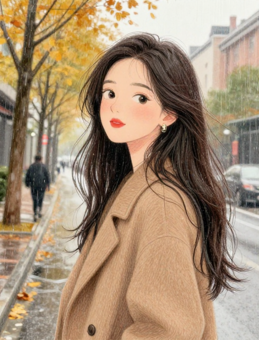 秋日治愈：雨中长发女子彩铅插画