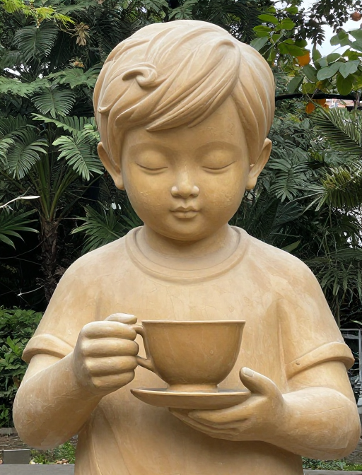 巨童持杯：超现实塑像的静谧瞬间