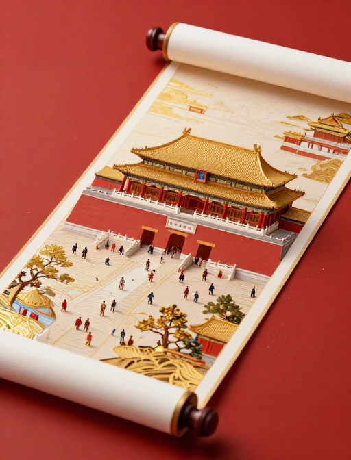 红金交织的微型故宫画卷:现代中式特写