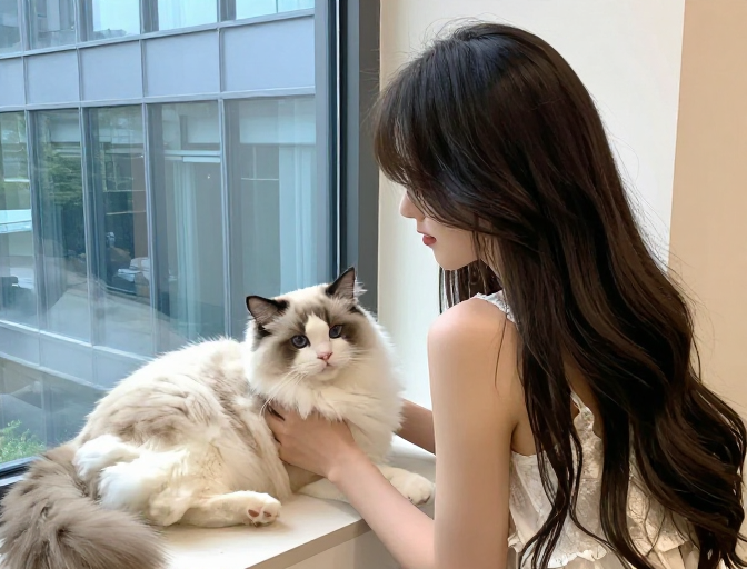 长发少女与布偶猫在现代窗边的温馨瞬间