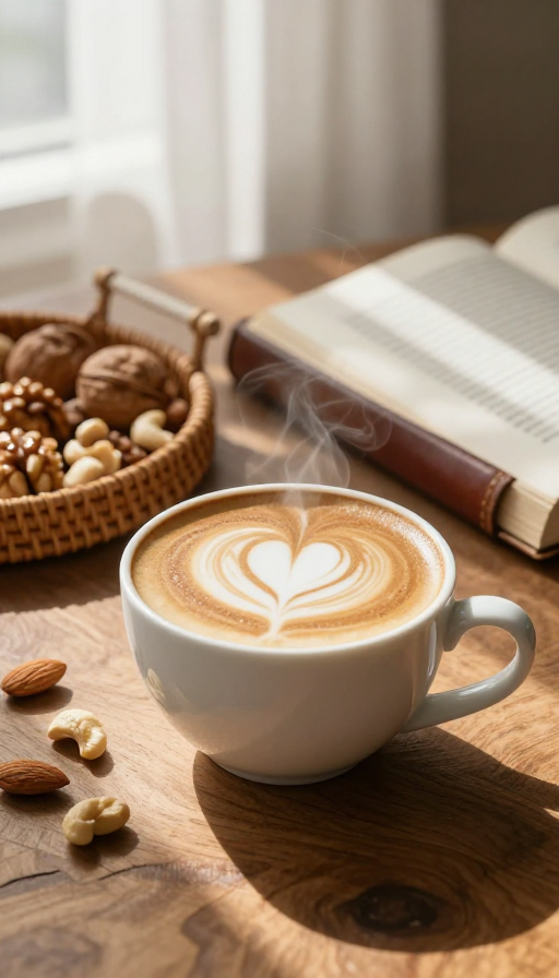 暖阳静物：爱心咖啡与复古书卷的温馨时刻