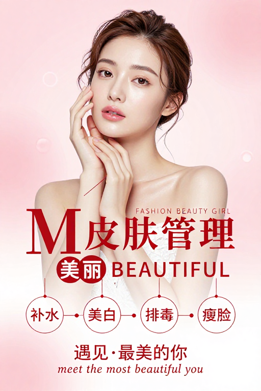 粉白梦幻：M皮肤管理时尚美妆女性宣传图