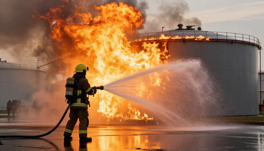 逆光消防员扑救储油罐大火
