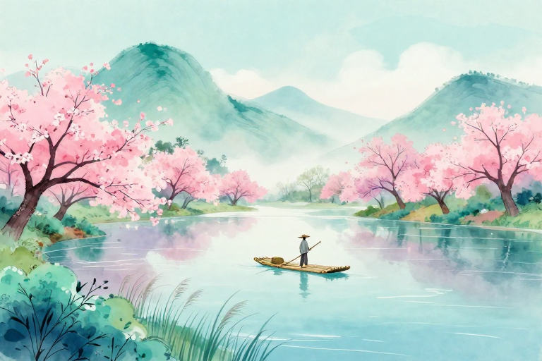 春日青蓝粉紫水墨画卷
