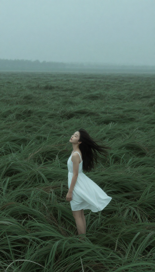 青雾漫野：低饱和少女与风中的诗意瞬间