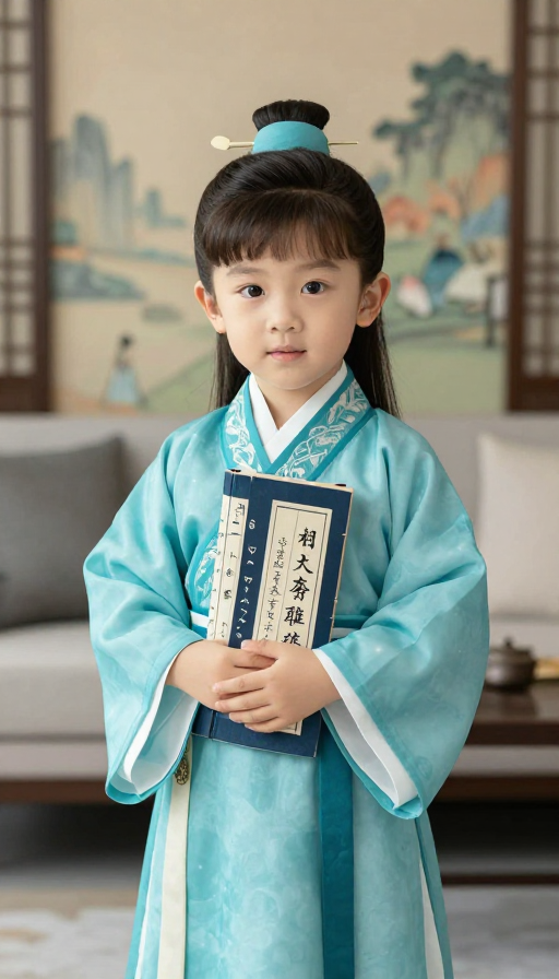 古风少年抱诗卷归家，青蓝汉服映现代客厅