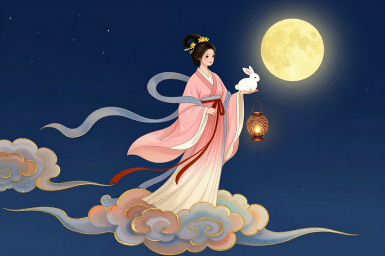 东方神话:月下祥云中的古典仕女