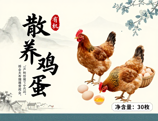 水墨风散养鸡蛋海报：有机新鲜乡土情怀