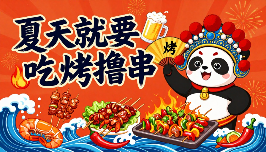 夏日国潮烧烤海报：熊猫庆食会，现烤更香