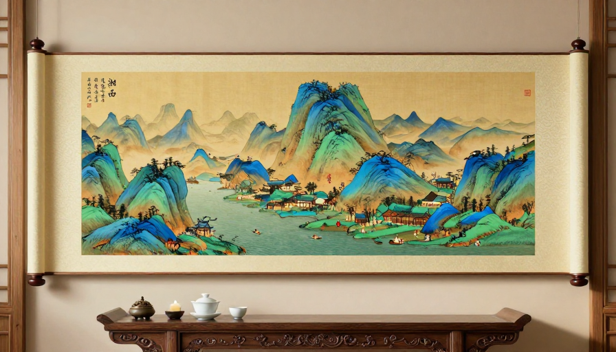 青绿山水画卷与中式茶席的东方美学摄影