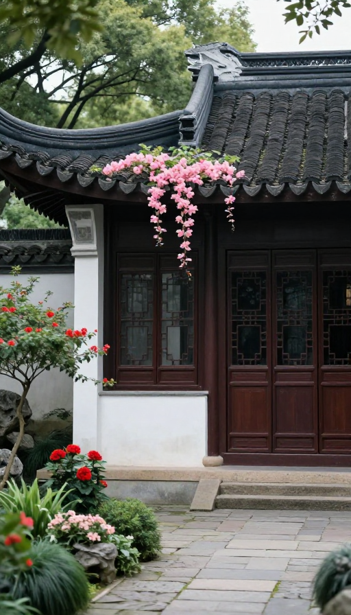 中式古建庭院:青瓦白墙间绽放的粉色花雨