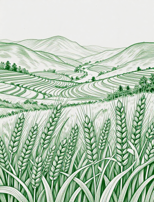 绿色雕刻线描风复古麦田山水插画