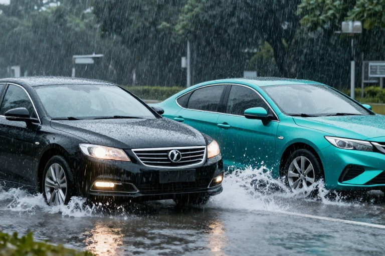 暴雨涉水行车：两车冷调实拍 安全警示