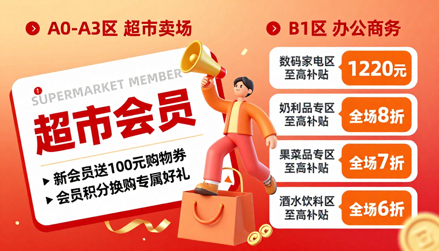暖色调活力促销海报：超市与商务优惠