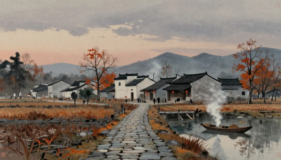 暮色秋色：水墨古韵中的静谧田园风光