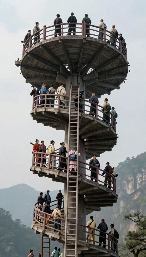 飞升天庭：空中回旋梯的极致细节与攀登者群像