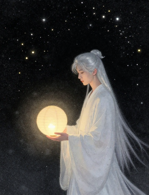 岩彩雪夜:银发少年与纸灯的静谧光影