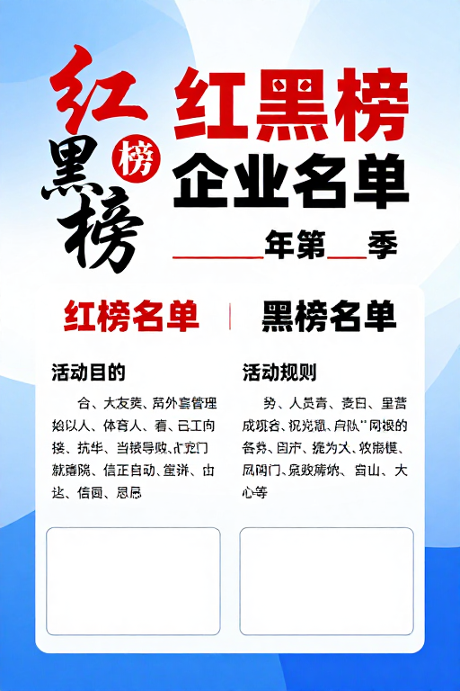 红黑榜企业名单公示海报，蓝白几何背景庄重设计