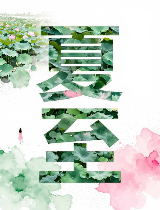 夏至水墨意境：现代主义艺术荷花文字景观