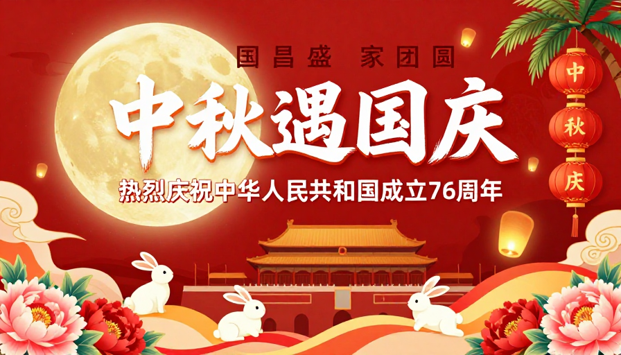 中秋逢国庆 国昌盛家团圆红色喜庆海报