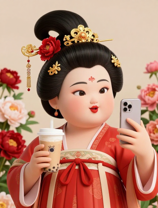 超现实3D古风少女：持奶茶自拍牡丹花海