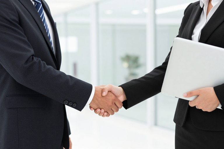 商务合作典范：两位精英在明亮办公室握手的特写镜头