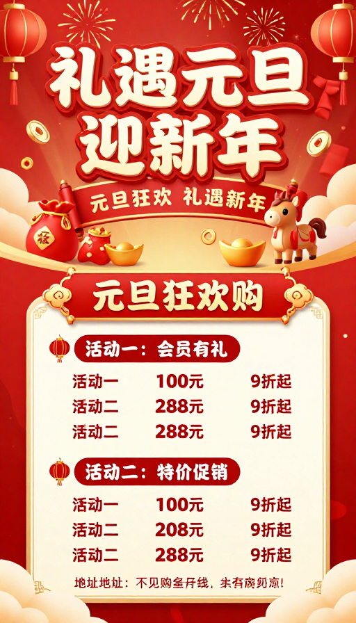 红色中国风元旦促销海报,喜庆氛围浓郁