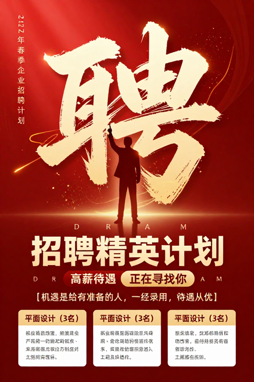 中国风精英招聘海报：书法聘字引领高薪计划