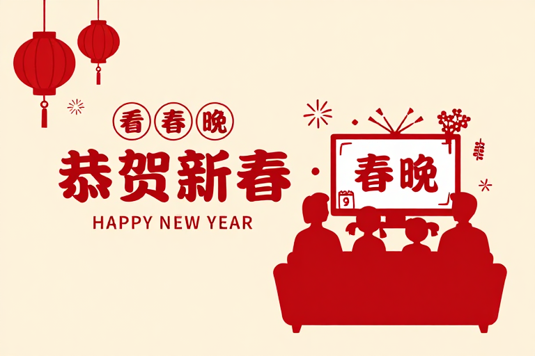 扁平剪纸新春贺卡，红色灯笼与家庭春晚场景