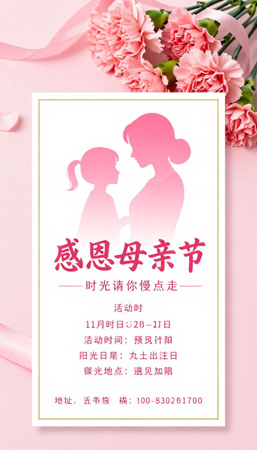 母亲节温馨海报:柔美粉色与亲情剪影