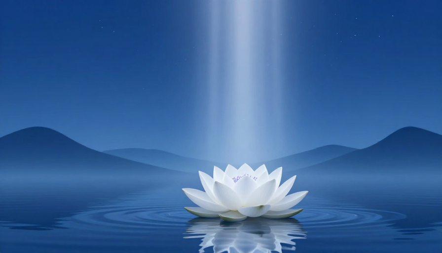 静谧莲影：深蓝山水中的神圣光束